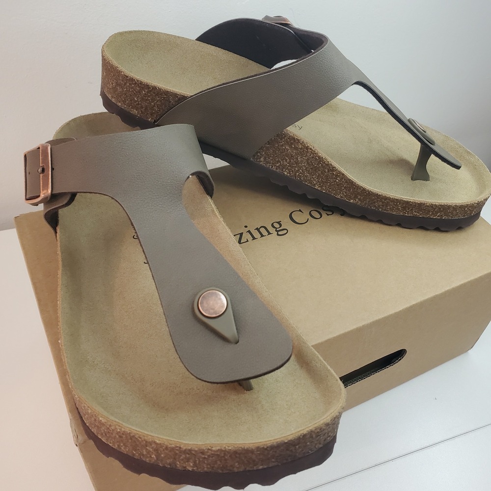Amazing Cosy Brown Cork Footbed T-Strap Thong Sandals Womens 10-10.5